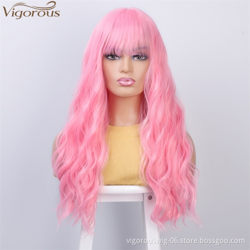 Vigorous 24 Inches Long Wavy Women's Wig Dark Auburn Hair With Bangs Natural Wavy High Temperature Fiber Wig Wholesale